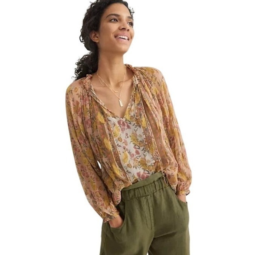 Anthropologie Love The Label Euphoria Peasant Blouse Large Boho Shimmer Tan Gold